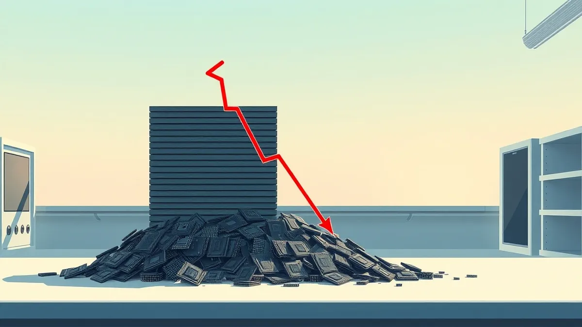 Illustration: A stack of raw silicon wafers sits on a cleanroom bench, half buried by a growing pile of generic rival chips.