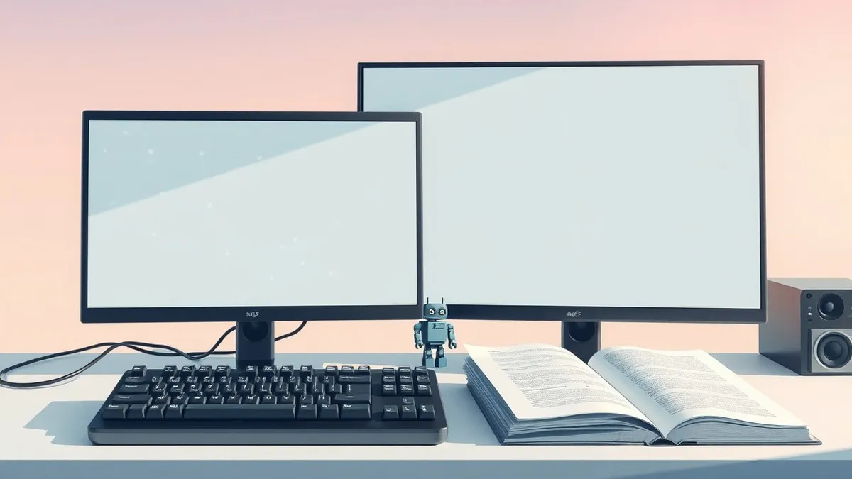 Illustration: A mechanical keyboard rests beside a blank monitor displaying faint abstract geometric patterns.