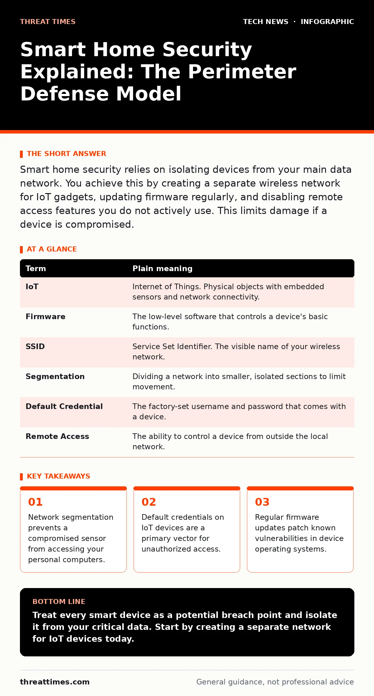 Infographic: Smart Home Security Explained: The Perimeter Defense Model. Network segmentation prevents a compromised sensor from accessing your personal computers. Default credentials on IoT devices are a primary vector for unauthorized access. Regular firmware updates patch known vulnerabilities in