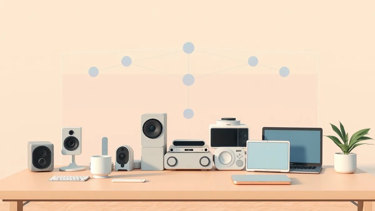 Illustration: A transparent network diagram hovers above a cluttered smart home table featuring a camera, speaker, and thermostat.