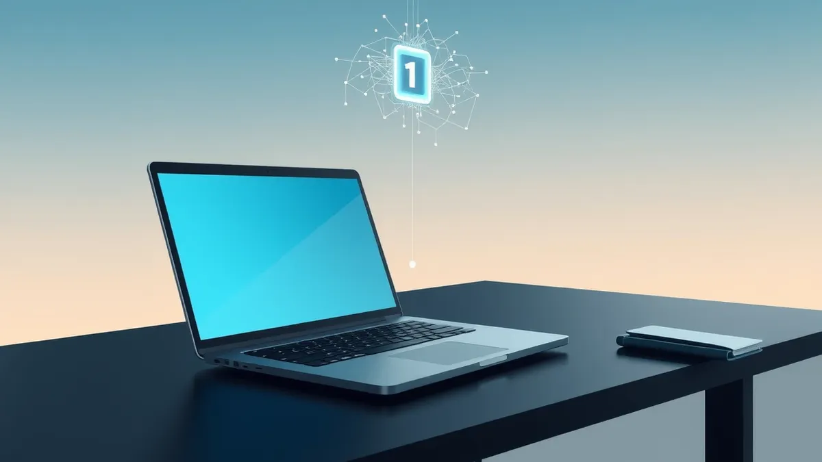 Illustration: A sleek laptop sits on a dark desk with a blank screen reflecting faint blue light.