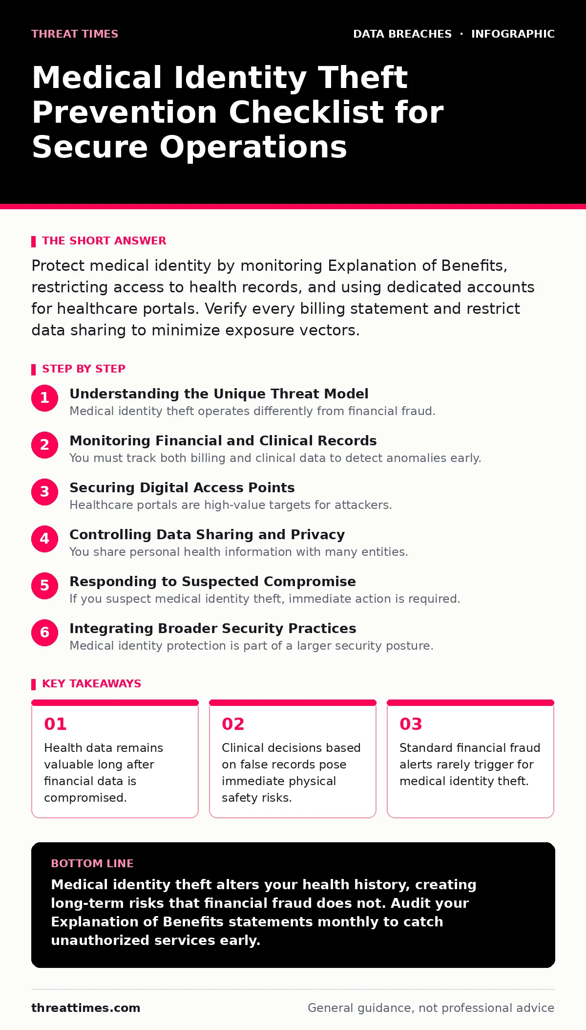 Infographic: Medical Identity Theft Prevention Checklist for Secure Operations. Health data remains valuable long after financial data is compromised. Clinical decisions based on false records pose immediate physical safety risks. Standard financial fraud alerts rarely trigger for medical identity t