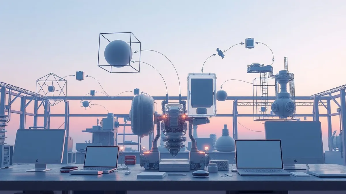 Illustration: A virtual workshop displays floating geometric shapes and transparent wireframe structures assembling into complex machinery.