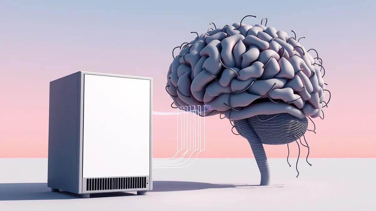 Illustration: A sleek database server hums beside a neural network brain structure.