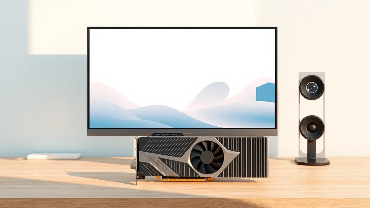 Illustration: A sleek monitor displays a blank, minimalist desktop interface with soft abstract geometric shapes.
