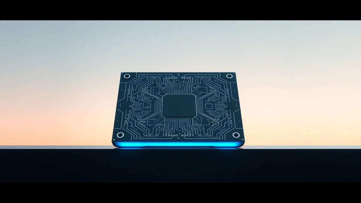 Illustration: A square silicon microchip rests on a sleek black surface, its surface etched with complex geometric circuit patterns.