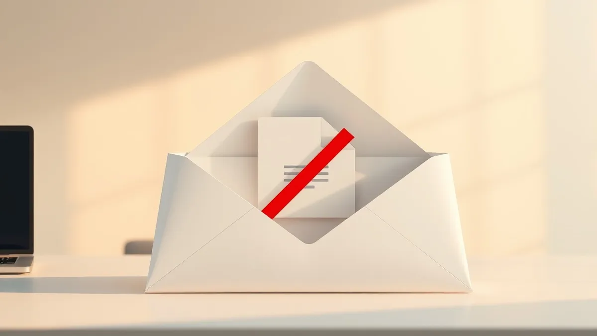 Illustration: A sleek white envelope lies open on a clean desk, revealing a generic file icon with a prominent red prohibition symbol overlaid on it.