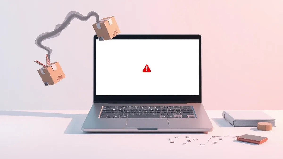 Illustration: A sleek laptop displays a blank code editor window with a single red alert icon.