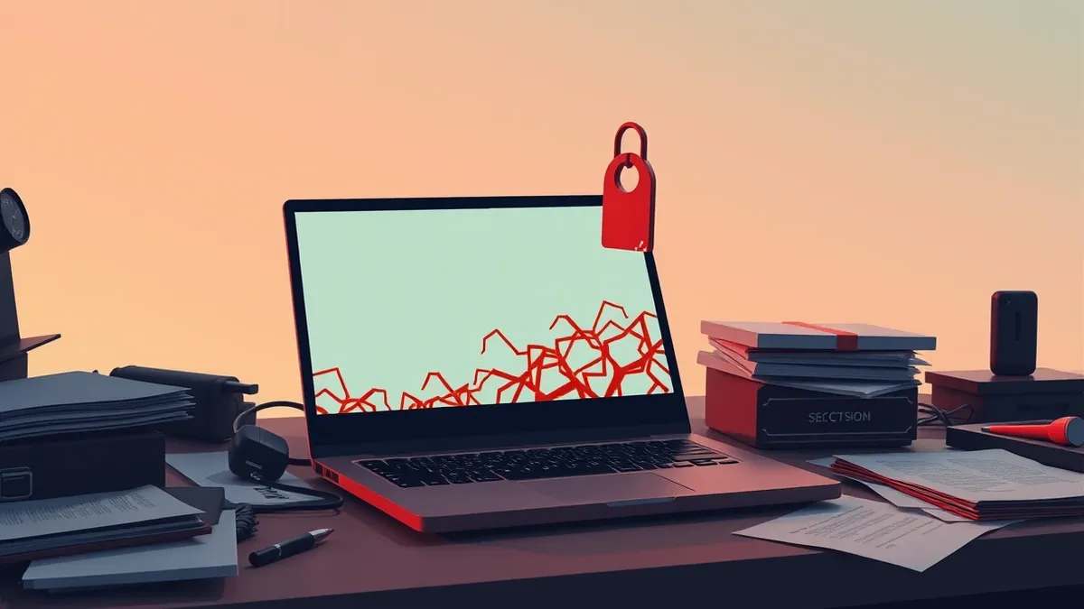 Illustration: A sleek black laptop sits on a cluttered desk, its screen displaying a complex web of red and orange geometric shapes that resemble tangled roots.