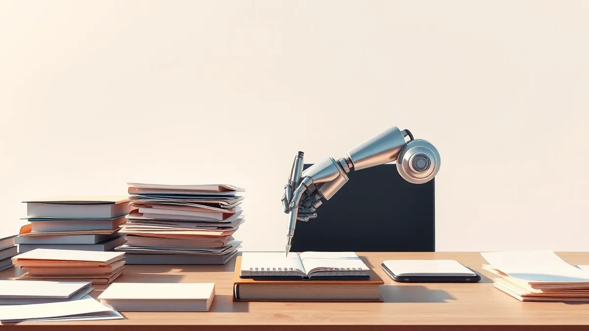 Illustration: A sleek silver robotic arm rests on a cluttered office desk beside a stack of blank manila folders.