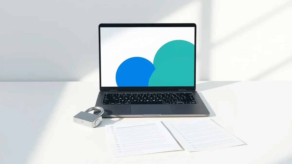 Illustration: A sleek black laptop sits open on a white desk, displaying a blank screen with large abstract geometric shapes in blue and green.