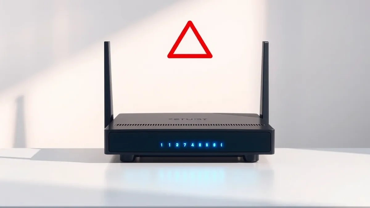 Illustration: A sleek black router sits on a clean white desk, its front panel glowing with soft blue indicator lights.