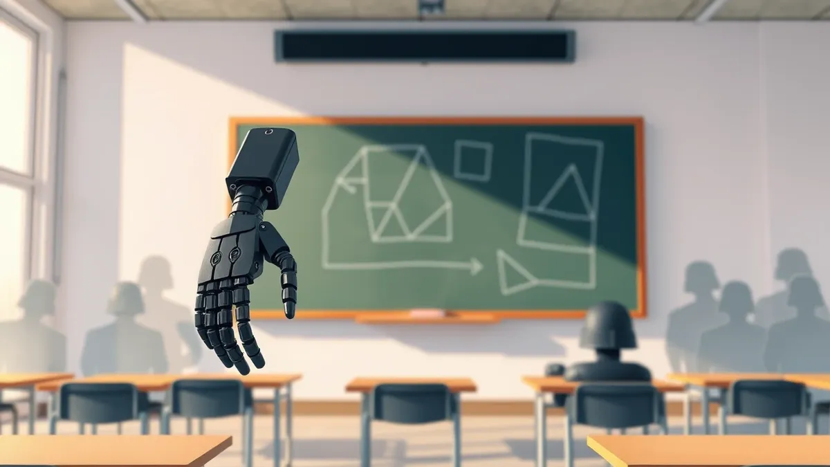 Illustration: A sleek black robot arm reaches toward a chalkboard covered in abstract geometric shapes.