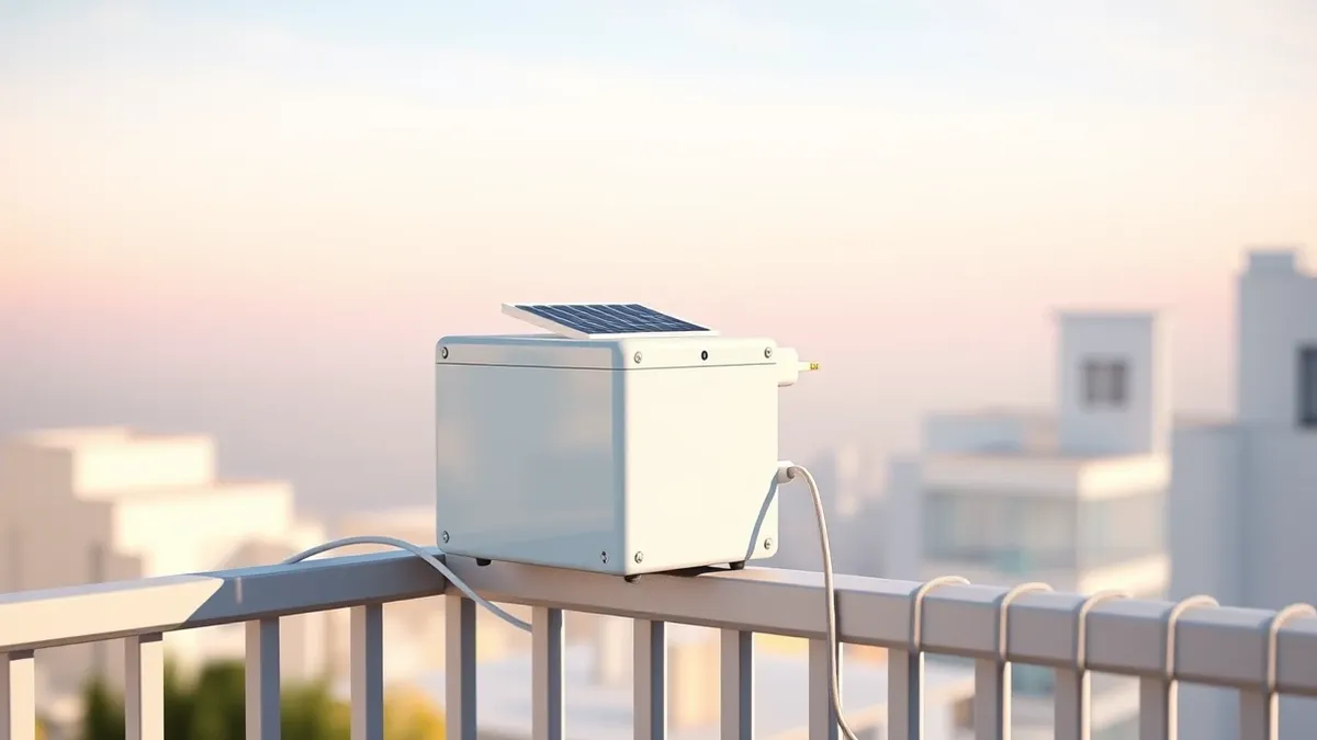 Illustration: A compact white box with integrated solar panels sits on a sunny balcony railing.