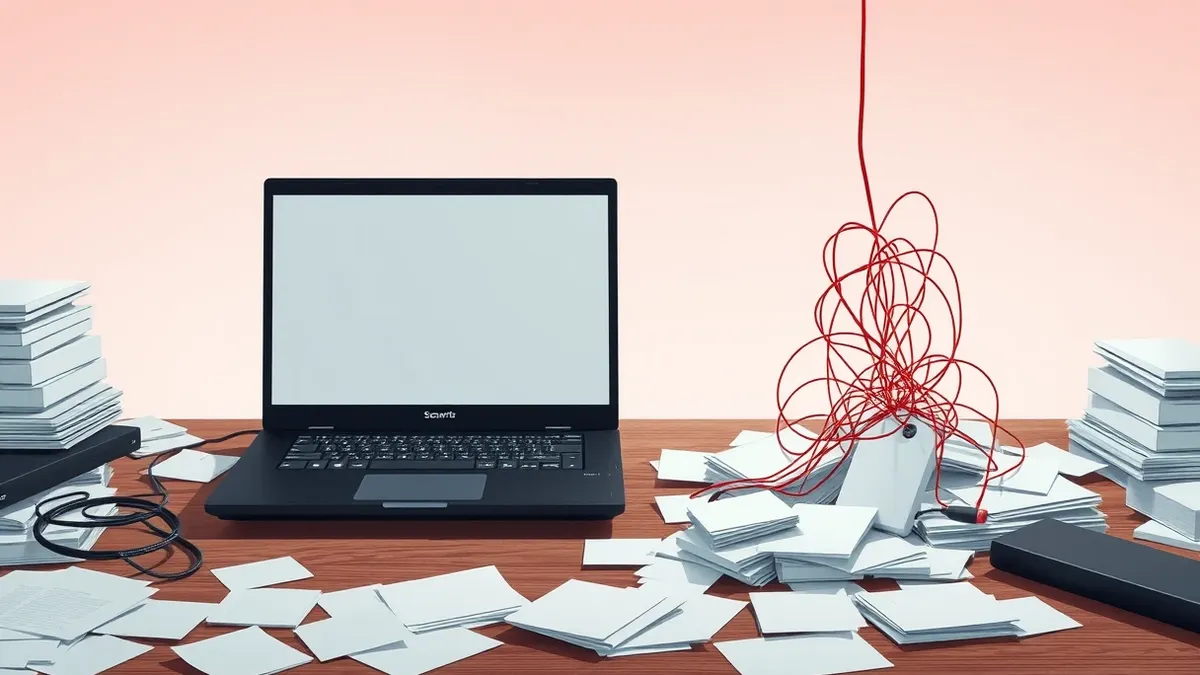 Illustration: A sleek black laptop sits closed on a cluttered office desk beside a scattered pile of white index cards.