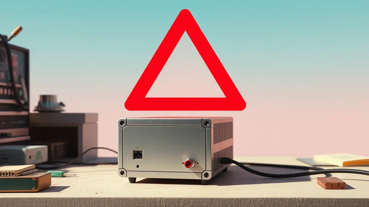 Illustration: A sleek silver industrial serial device sits isolated on a cluttered workbench, its single front LED glowing an urgent red.