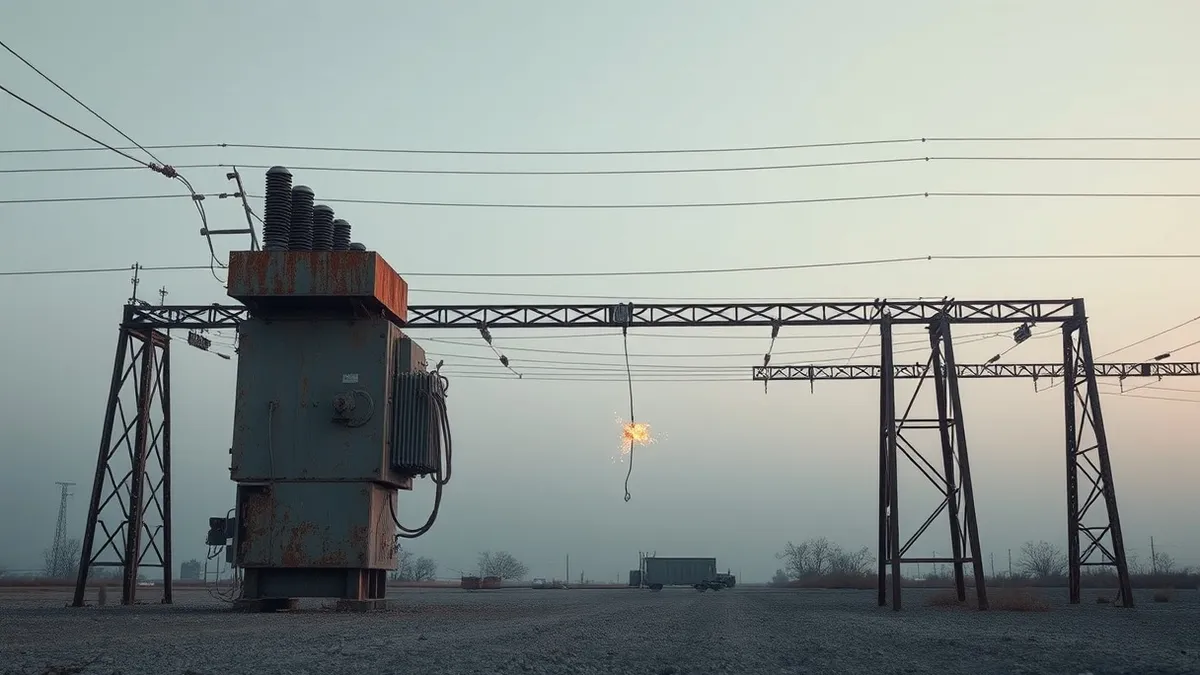 Illustration: A rusted electrical substation stands under a gray sky.