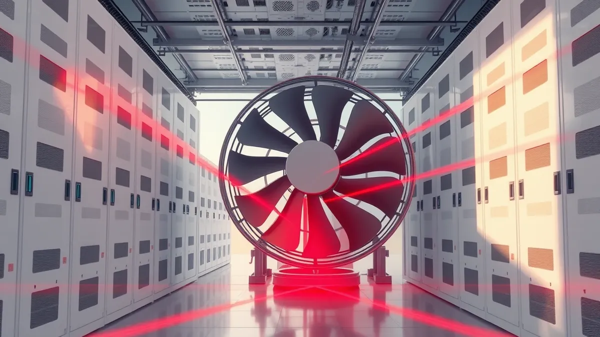 Illustration: A large industrial fan sits inside a clean, white server room, its blades spinning rapidly to cool the complex machinery.