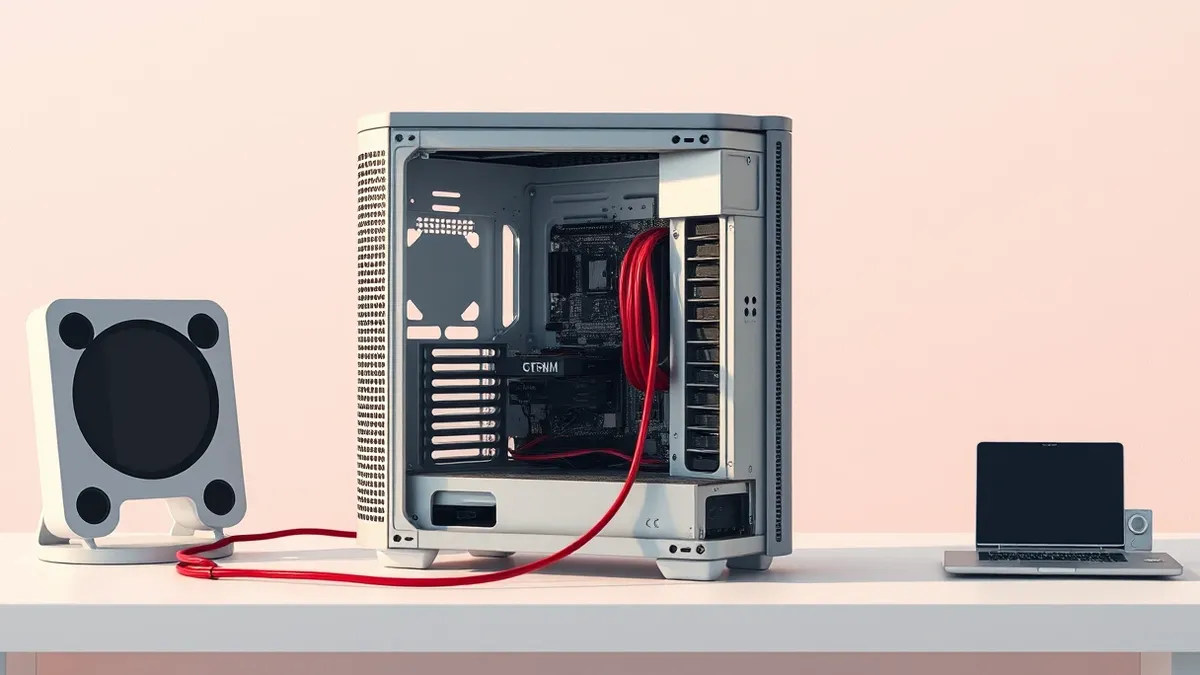 Illustration: A silver desktop tower sits on a clean white desk, its side panel removed to reveal empty expansion slots and quiet circuit boards.