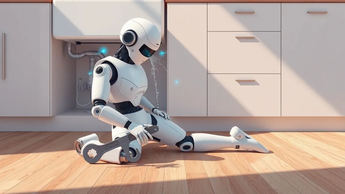 Illustration: A white humanoid robot kneels on a hardwood floor, holding a wrench near an exposed kitchen sink pipe.
