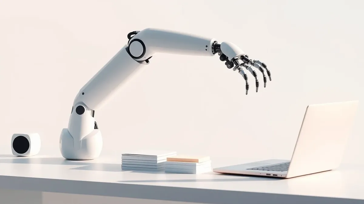 Illustration: A sleek white robotic arm rests on a clean desk, its mechanical fingers gently arranging a stack of blank sticky notes and a closed laptop.