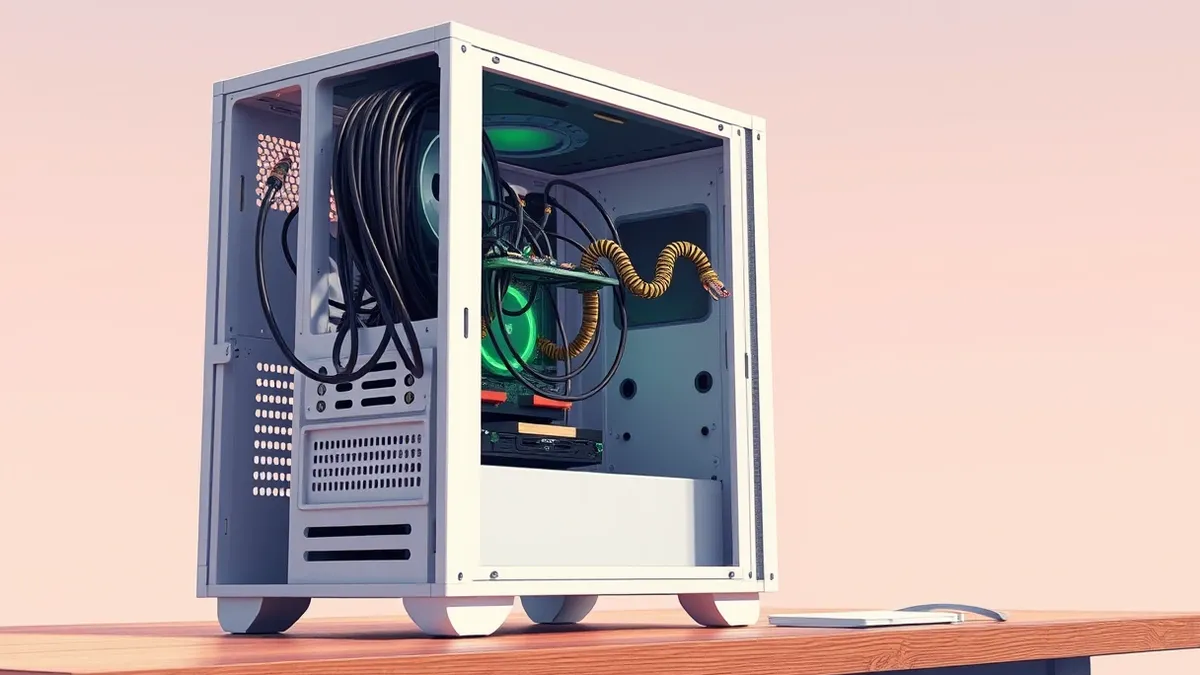 Illustration: A sleek white server tower sits on a wooden desk with its side panel removed.