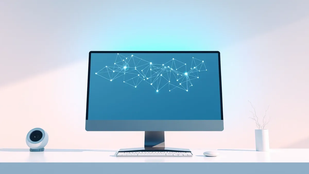 Illustration: A sleek desktop computer sits on a minimalist white desk, its monitor displaying a clean interface with abstract geometric nodes and flowing data streams.