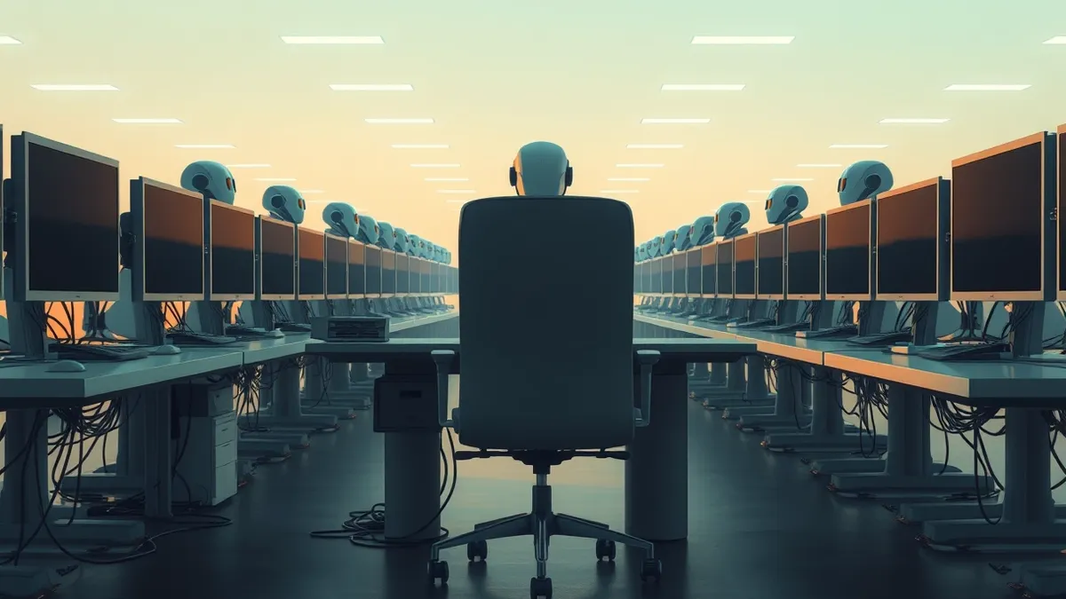 Illustration: A sleek, empty office chair sits before a desk cluttered with tangled cables and silent monitors.