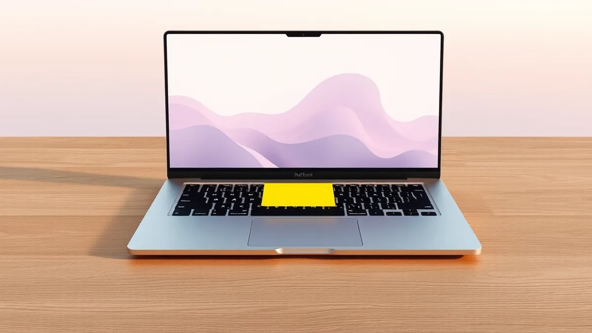 Illustration: A sleek silver laptop sits open on a wooden desk, its screen displaying soft, abstract pastel shapes.