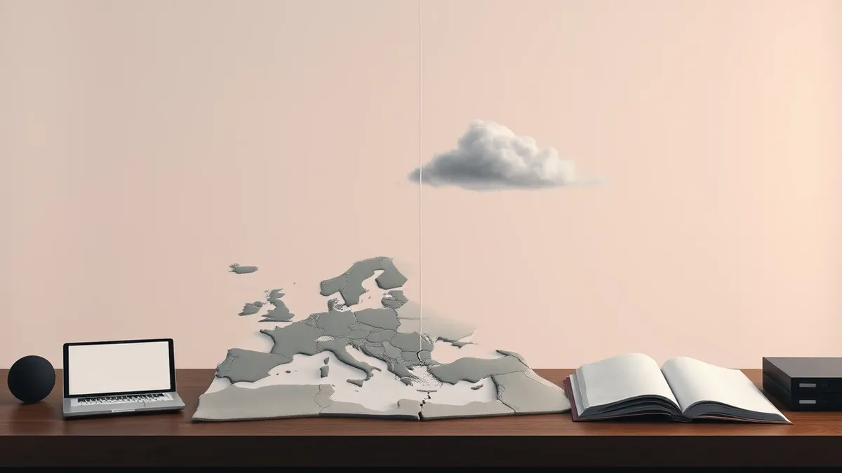 Illustration: A fractured map of Europe sits on a desk, its pieces separated by jagged gaps.