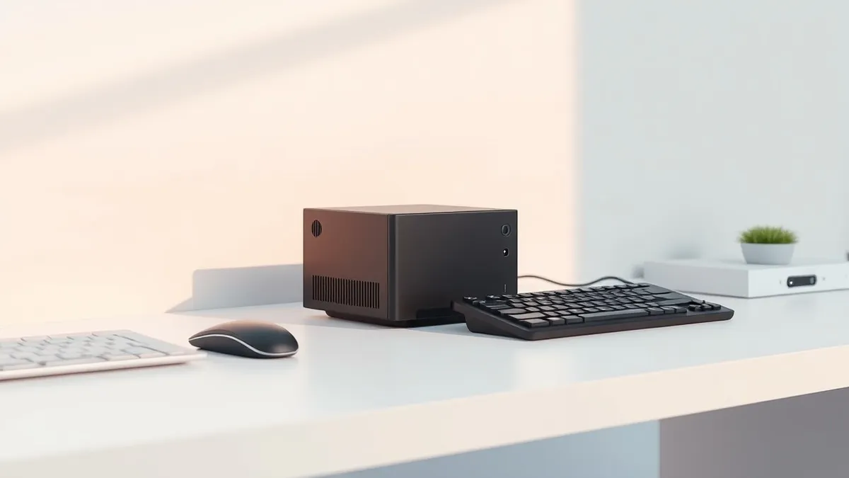 Illustration: A compact black cube-shaped computer sits on a clean white desk next to a wireless mouse and keyboard.