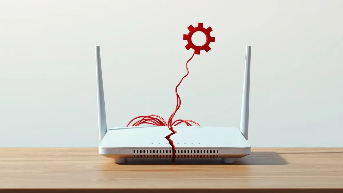 Illustration: A sleek white network router with a single antenna sits on a wooden desk.