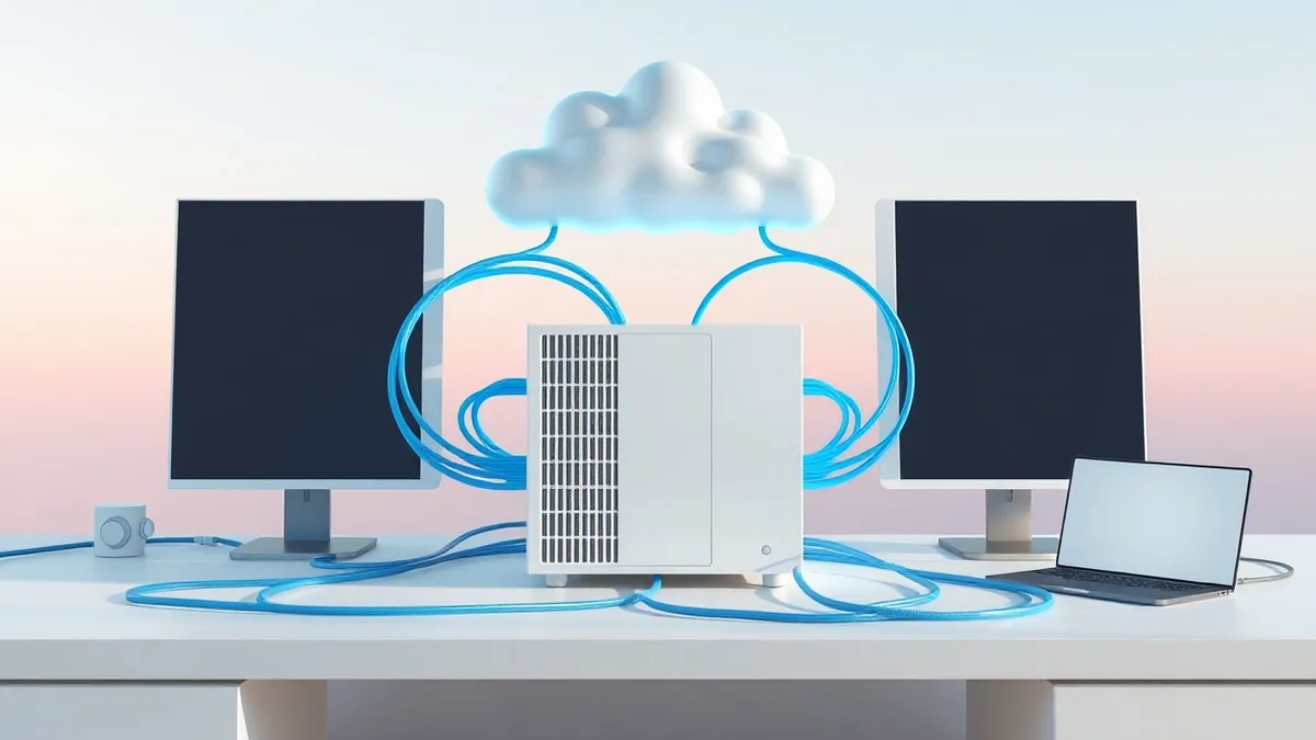 Illustration: A sleek, minimalist white server node sits on a clean desk, connected by bright blue fiber optic cables to a transparent cloud structure.