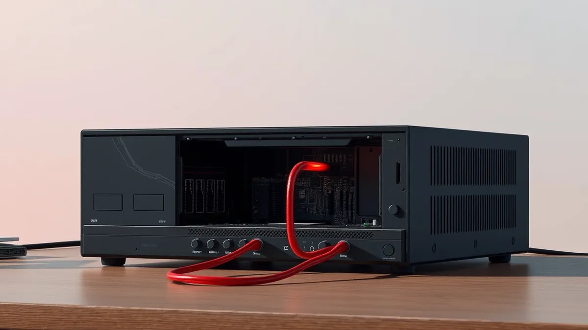Illustration: A sleek black firewall appliance sits on a desk with its metal casing removed to reveal circuit boards.