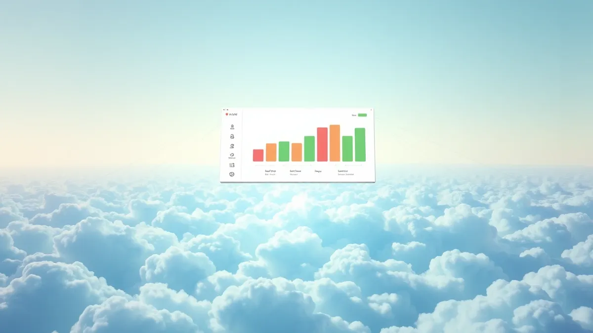Illustration: A sleek white dashboard panel floats above a tangle of translucent blue cloud shapes.