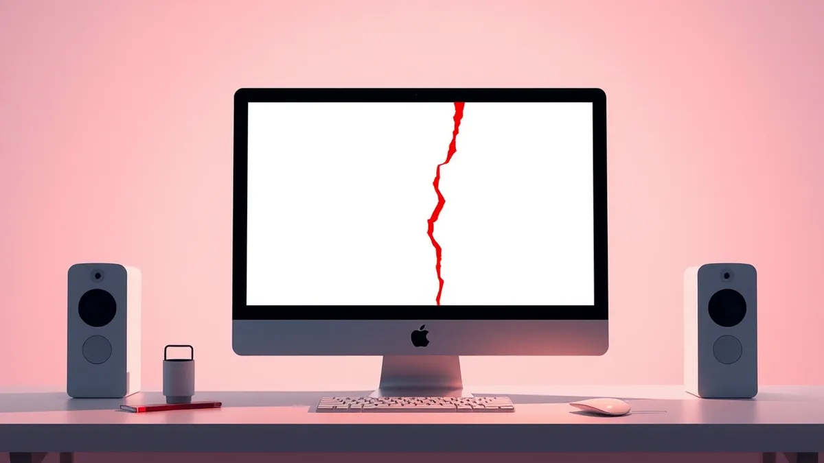 Illustration: An apple computer sits on a clean desk with its screen displaying a blank, empty document window.