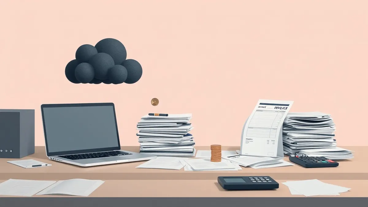 Illustration: A cluttered office desk holds a laptop and a thick stack of blank invoices next to a dark, ominous cloud icon.
