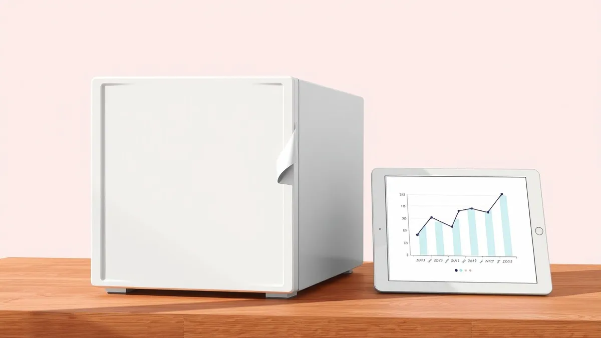 Illustration: A sleek white server unit sits on a wooden desk next to a blank tablet displaying an empty graph.