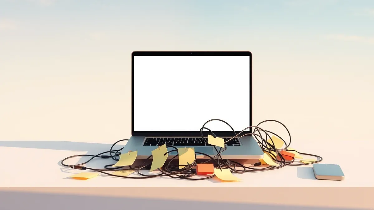 Illustration: A small office desk holds a sleek laptop displaying a blank, abstract interface.