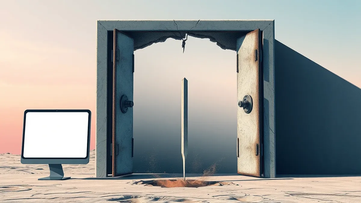 Illustration: A cracked digital door hangs ajar, revealing a hollow interior structure held together by twisted metal beams.