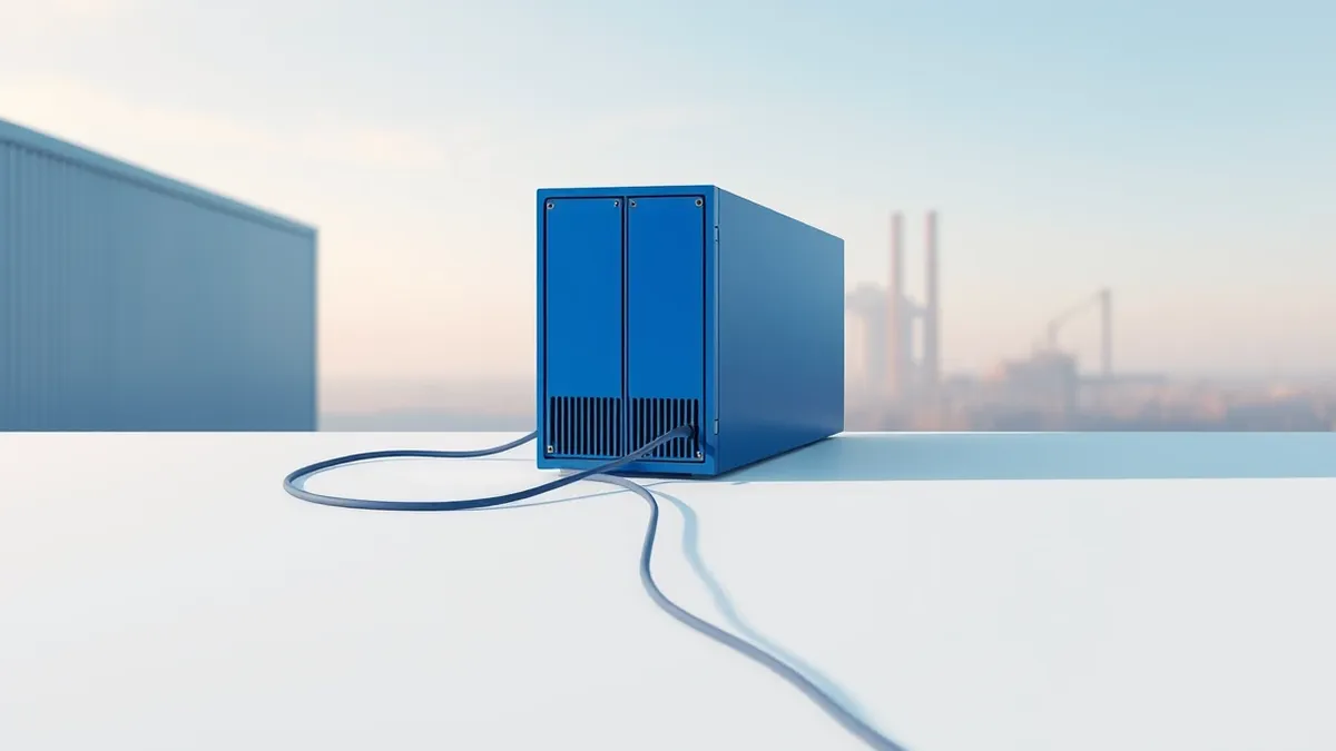 Illustration: A sleek blue server blade rests on a clean white table, connected to a power cable.