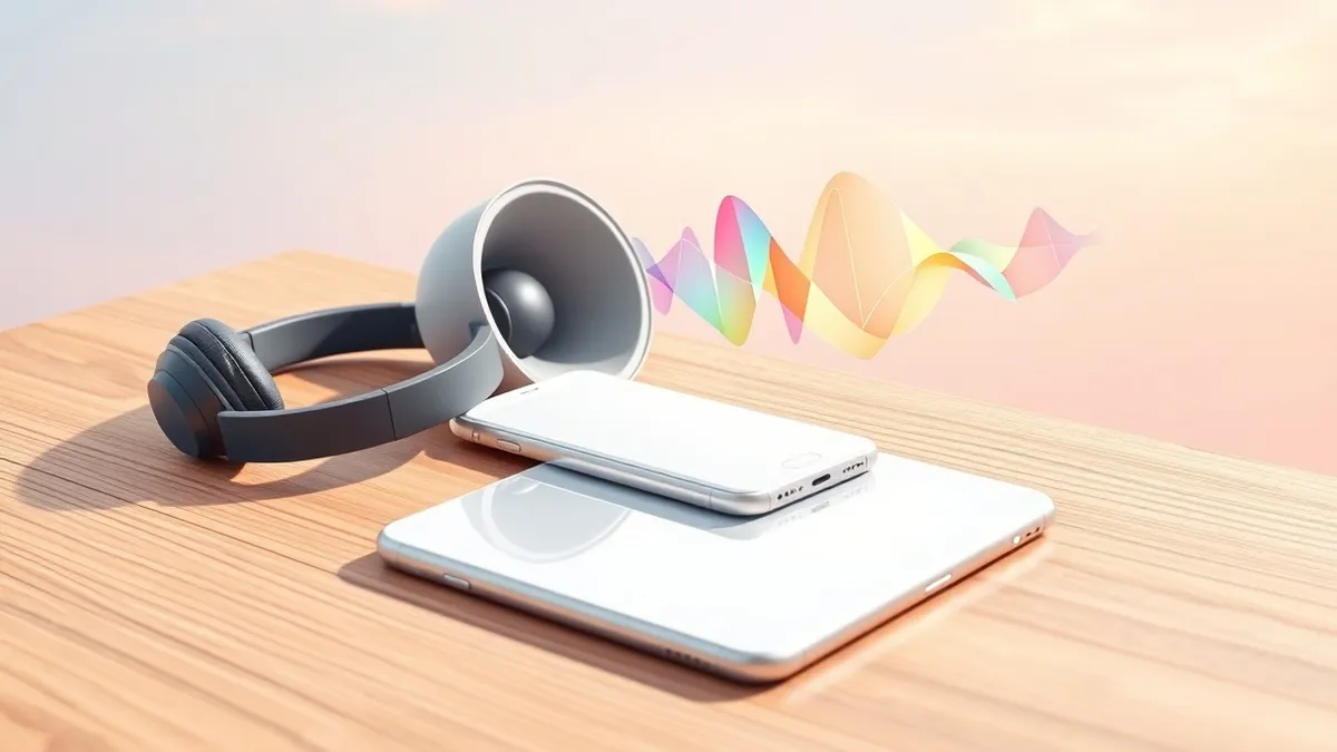 Illustration: A sleek white smartphone rests on a wooden table beside a pair of over-ear headphones.