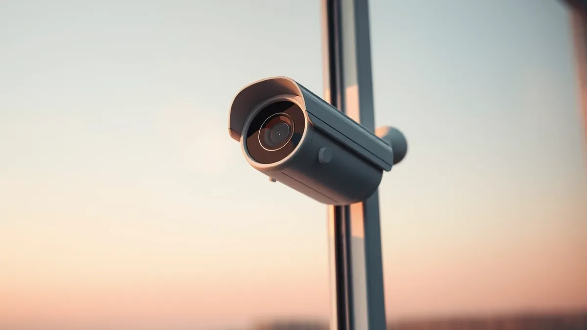 Illustration: A compact bullet camera rests magnetically against the inside of a clean glass window pane.
