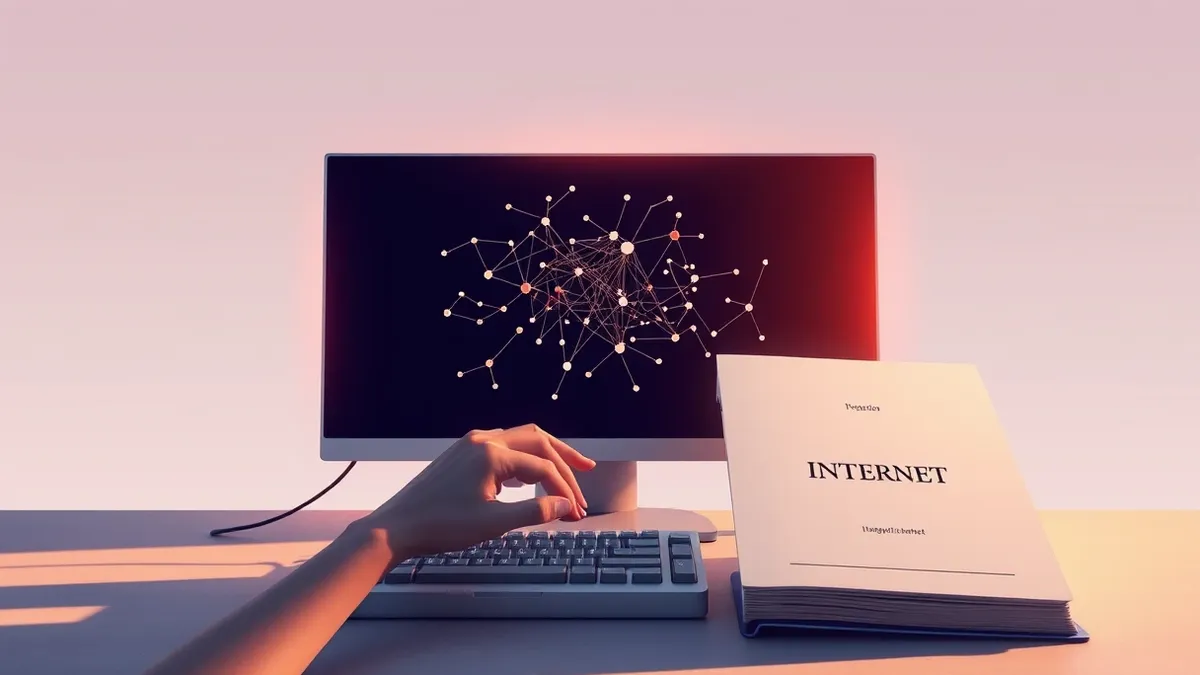 Illustration: A glowing monitor displays a dark abstract map with tangled node connections, while a hand hovers over a keyboard beside an open book titled with a blank cover, illus