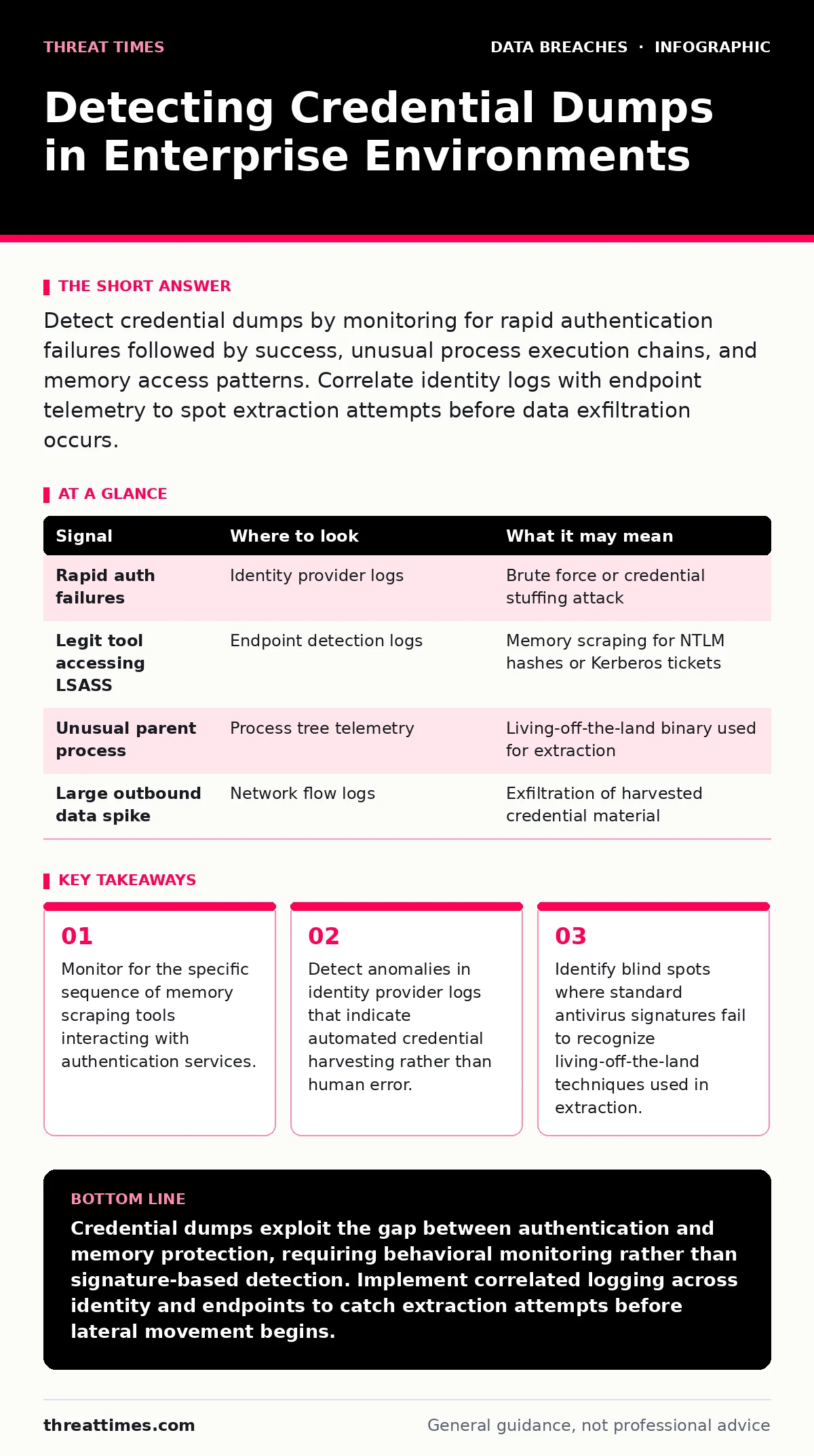 Infographic: Detecting Credential Dumps in Enterprise Environments. Monitor for the specific sequence of memory scraping tools interacting with authentication services. Detect anomalies in identity provider logs that indicate automated credential harvesting rather than human error. Identify blind sp