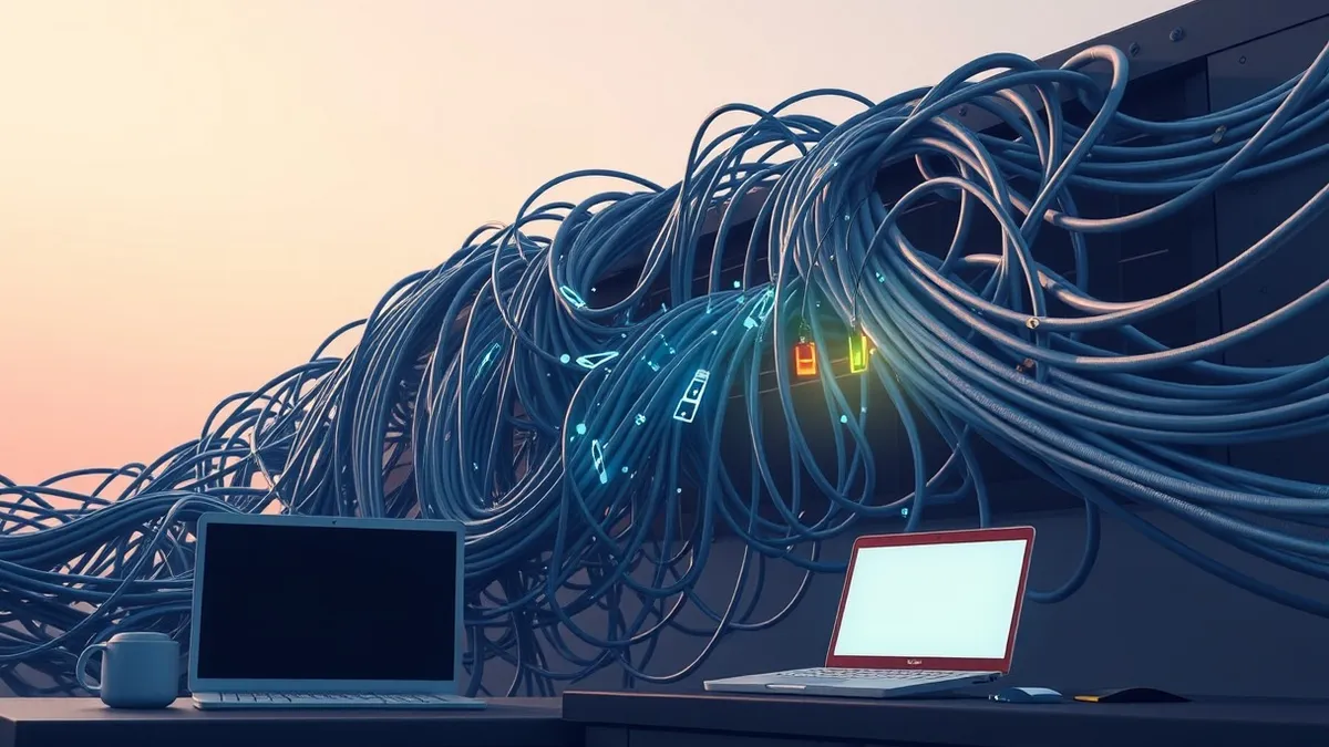 Illustration: A tangled web of fiber optic cables connects to a central network switch, with fragmented digital shards hovering near the ports.