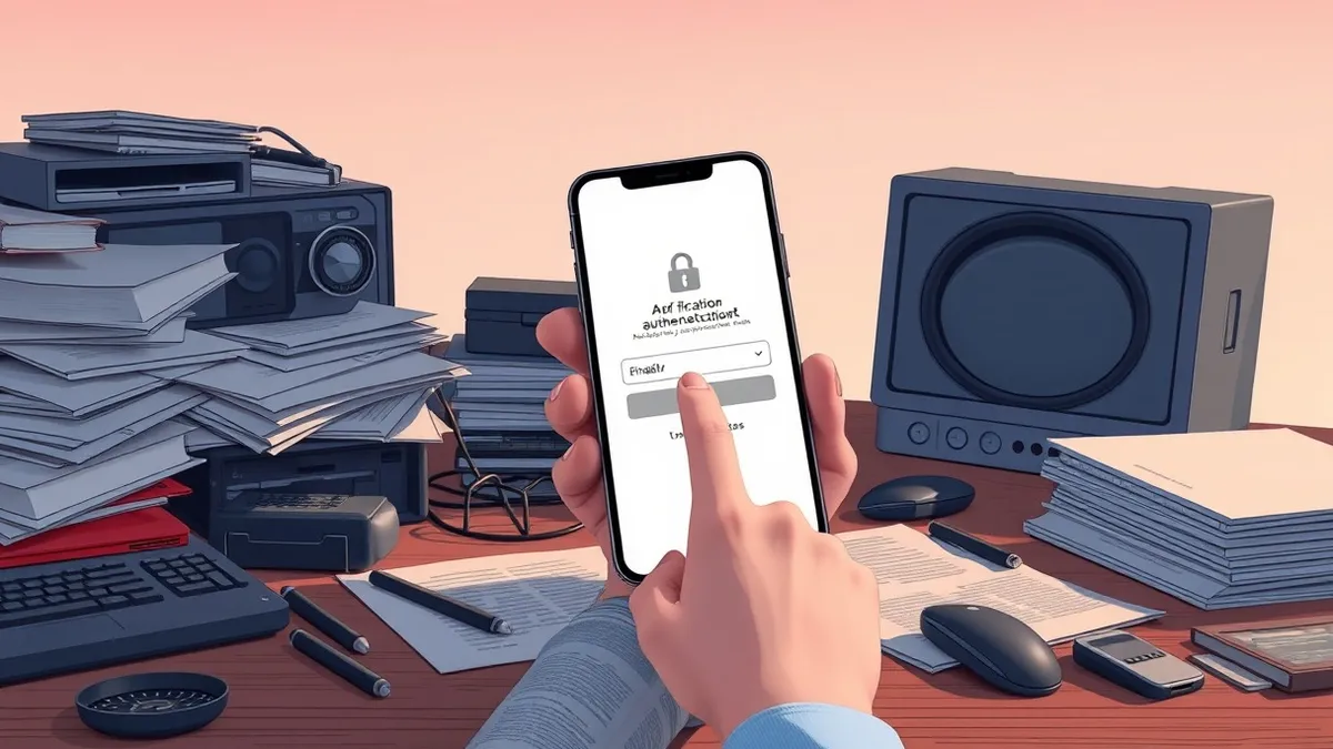 Illustration: A cluttered desk holds a smartphone displaying a blank login screen with a prominent two-factor authentication prompt.