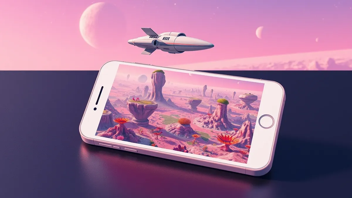 Illustration: A white smartphone rests on a dark surface, its screen displaying a vast, colorful alien landscape with floating islands and strange flora.