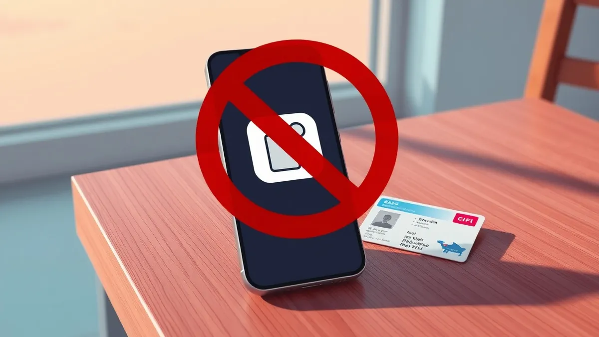 Illustration: A smartphone rests on a wooden table next to a small plastic government ID card.
