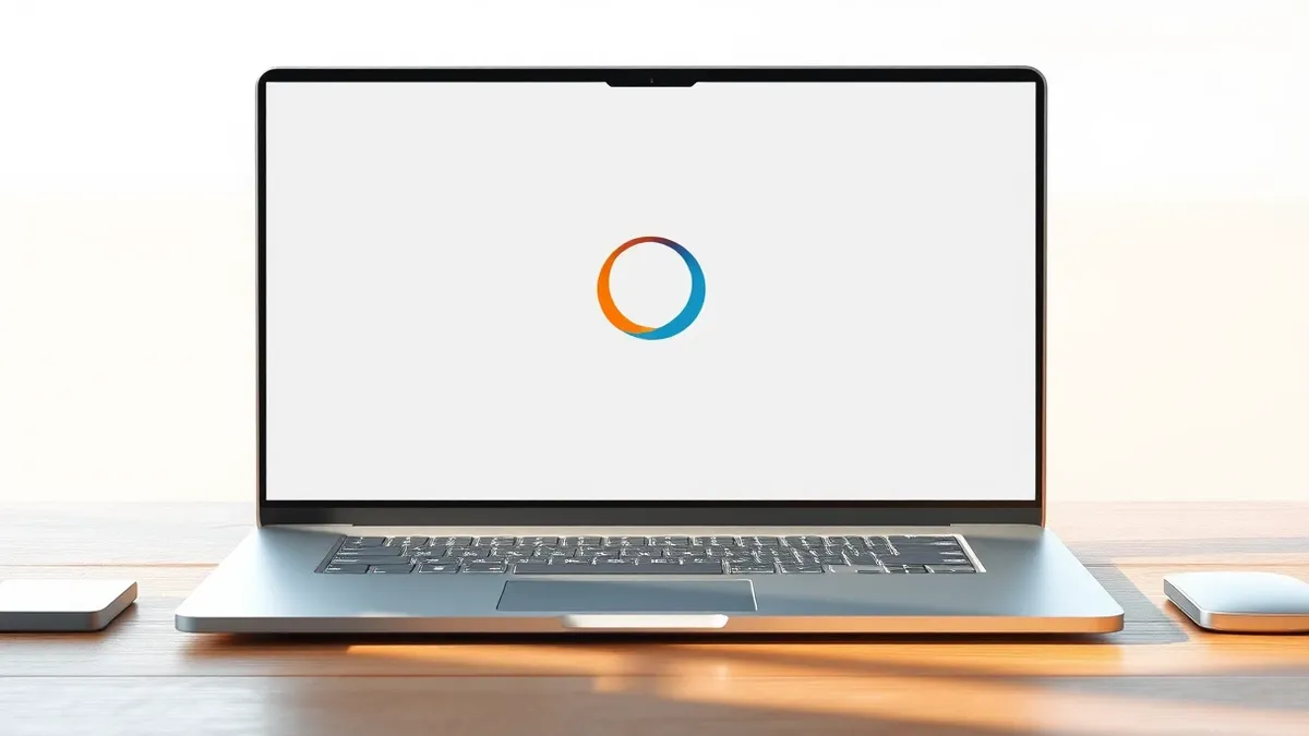 Illustration: A sleek silver laptop sits open on a wooden desk, displaying a blank white browser window with a simple orange and blue abstract circle in the center.
